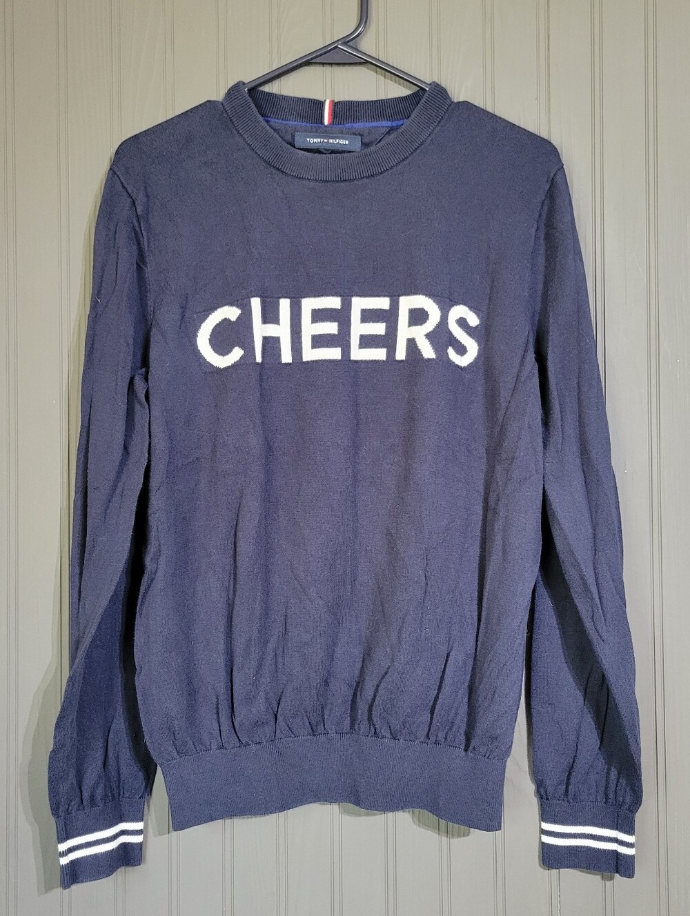 Tommy Hilfiger Long Sleeve Crewneck Sweater "CHEERS" Graphic Blue Women's Large
